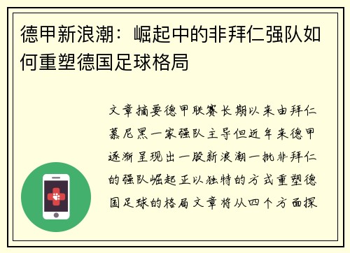德甲新浪潮:崛起中的非拜仁强队如何重塑德国足球格局 德甲新浪潮:崛起中的非拜仁强队如何重塑德国足球格局