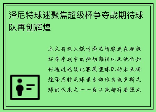 泽尼特球迷聚焦超级杯争夺战期待球队再创辉煌 泽尼特球迷聚焦超级杯争夺战期待球队再创辉煌
