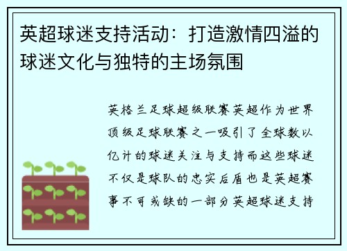 英超球迷支持活动：打造激情四溢的球迷文化与独特的主场氛围